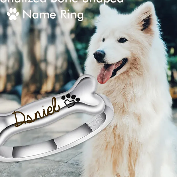 Authentic Custom Dog Bone Paw Print Name Ring Personalized Cat Ring 925 Silver Name Closed Ring Animal Lover Ring Jewelry