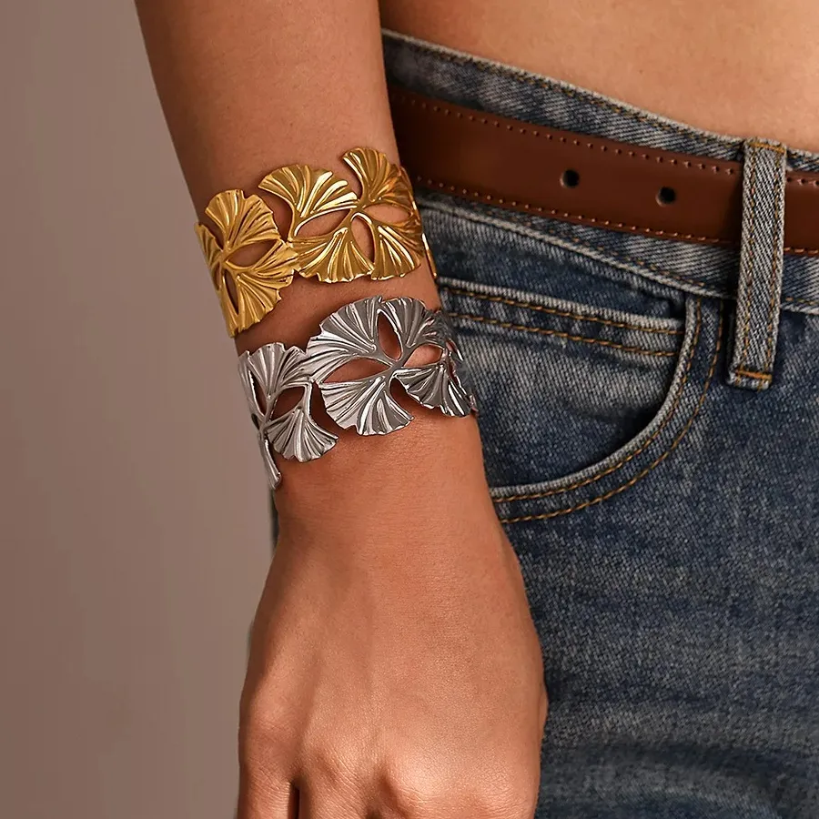 Authentic Vintage Hollowed Ginkgo Leaf Cuff Open Statement Bracelet for Women Bangle Gold Color Tarnish Resistant Metal Stylish Jewelry