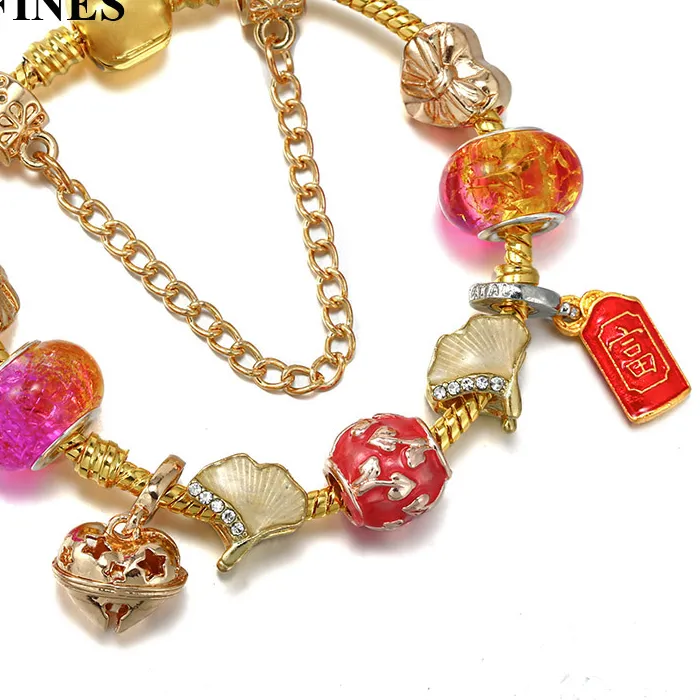 Authentic Original Charm Bracelet For Women With Gold Color Snake Chain Ginkgo Leaf DIY Charms Beads Pendants High-Quality Jewelry