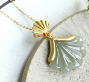 Authentic Art Deco Sage Jade Clam gatsby Scallop Seashell Fan gold plated Necklace Flapper