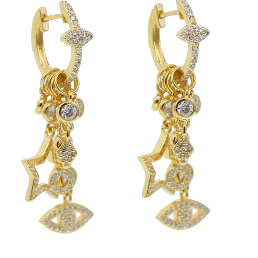Authentic Gold Color Delicate Floating Cz Star Stacking Turkish Evil Eye Cz Huggie Hoop Earrings Jewelry