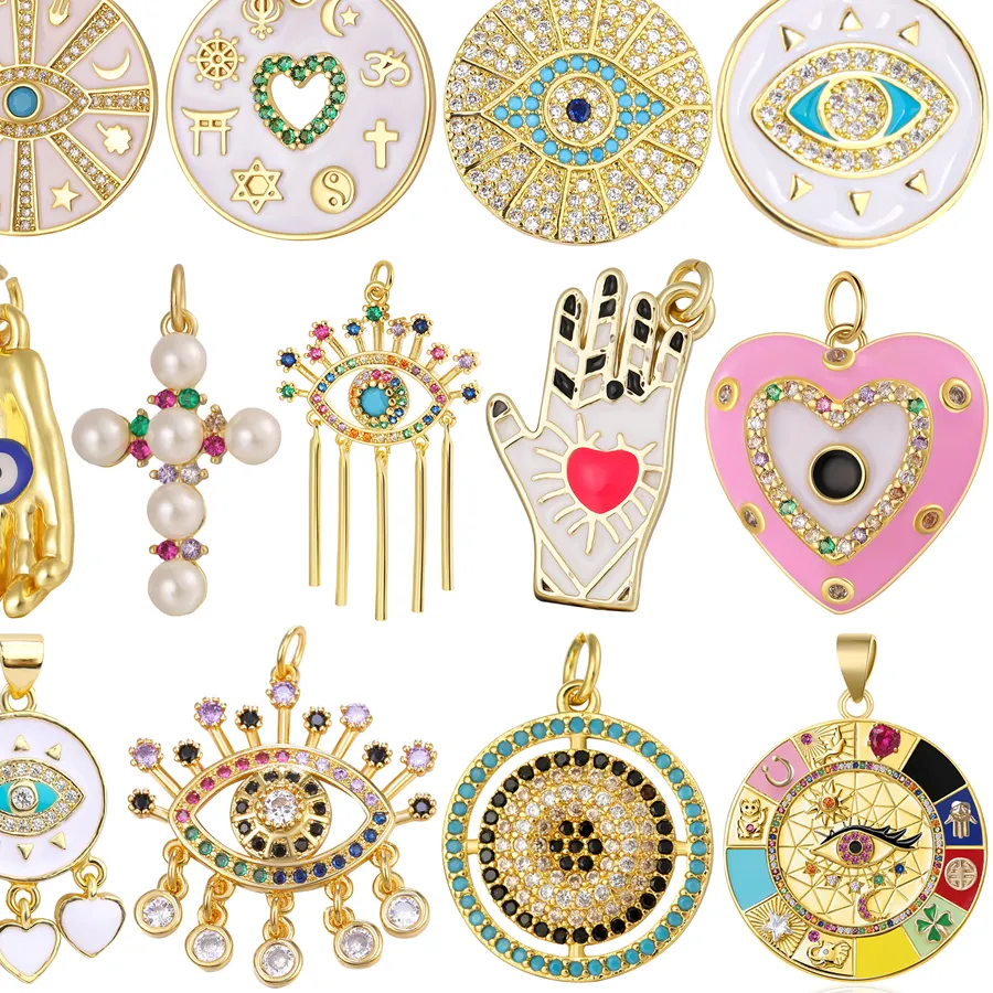 Authentic Juya 18K Gold Plated Handicraft Enamel Religious Hinduism Judaism Greek Evil Eye Charms For DIY Pendant Turkish Jewelry Making