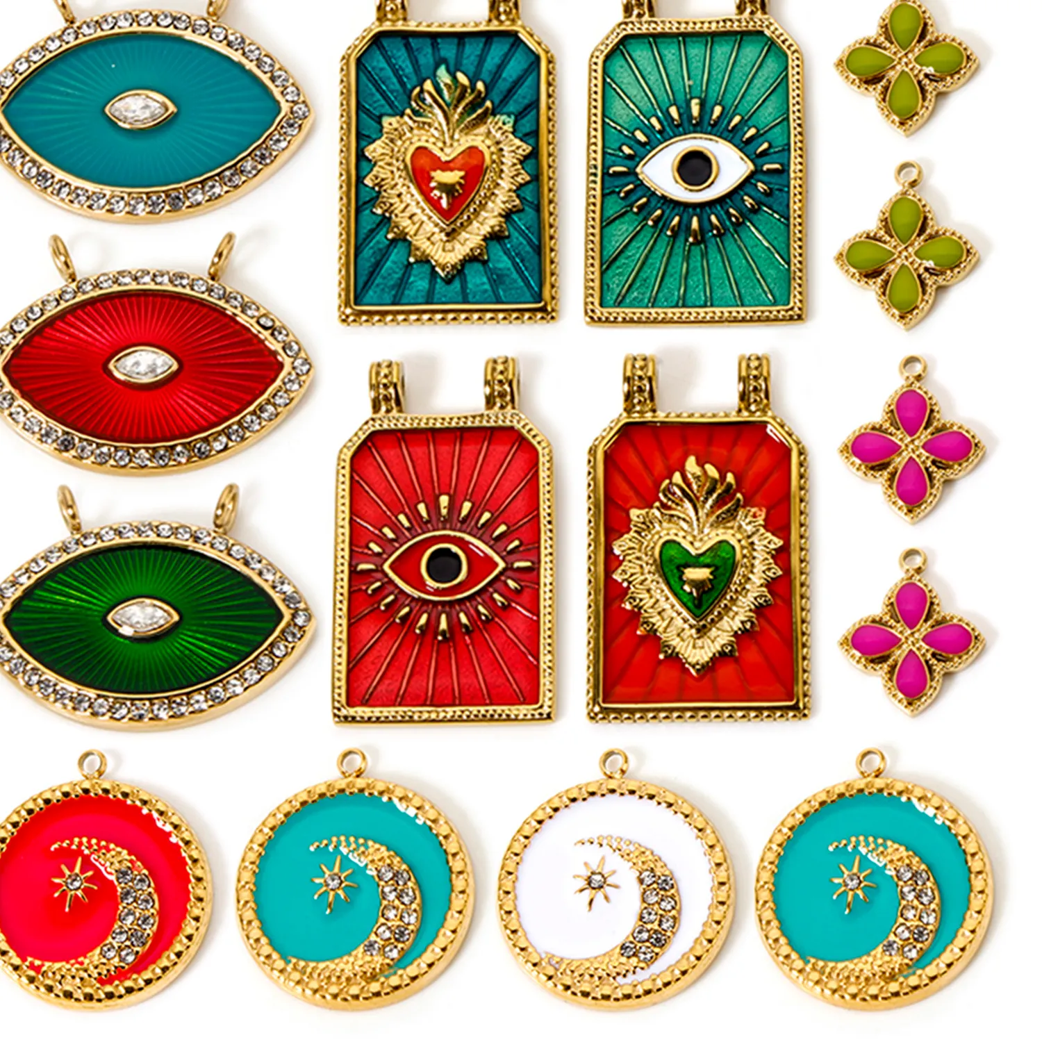Authentic 1 Piece Rhinestone Evil Eye Pendant 14K Real Gold Plated Stainless Steel Geometric Moon Charms For Jewelry Making DIY Finding