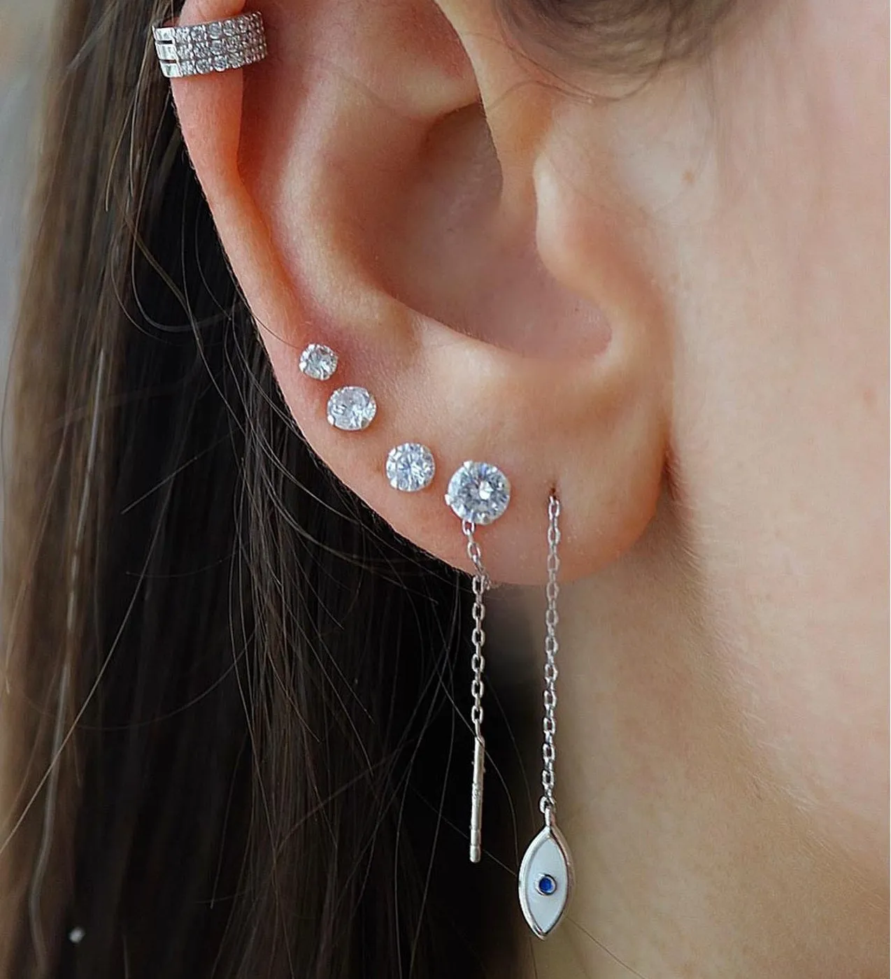 Authentic Tassel chain earring Silver plated Rose gold Color Cute tiny turkish evil eye charm Thin Threader chain earrings for women