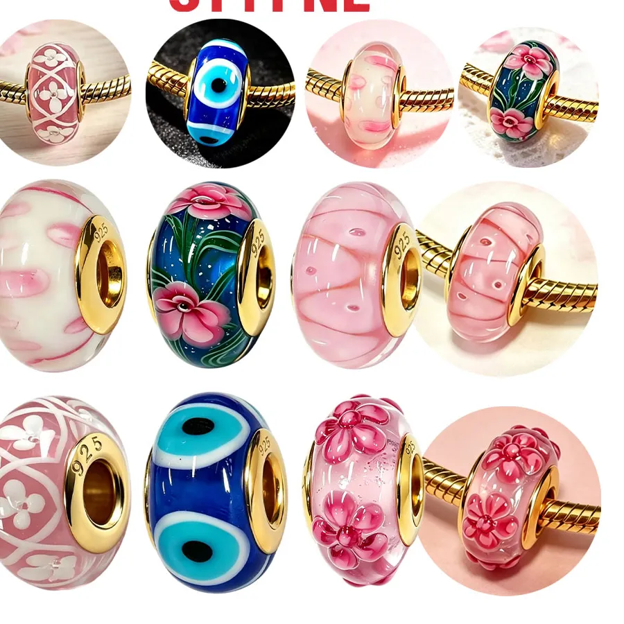 Authentic Original S925 Silver Gold Plated Evil Eye Pink Floral Flower Murano Glass Bead Fit Bracelet Diy Jewelry