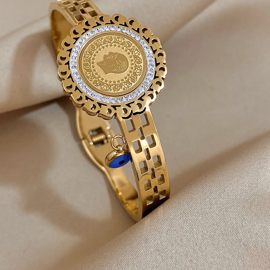 Authentic Greatera 316L Large Portrait Coin Bangles Bracelets for Women Gold Plated Evil Eye Charm Bracelet Jewelry 2023