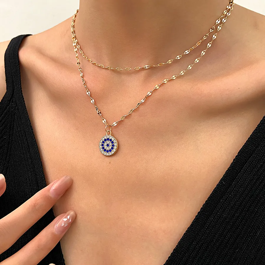 Authentic Personality Fashion Gold Color Evil Eye Double-deck Pendant Necklace for Women Retro Blue Crystal Collar Chain Jewelry Accessory
