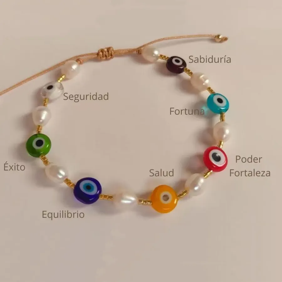 Authentic CCGOOD Natural Pearl Evil Eye Bracelet with Gold Color Rice Beads Adjustable Protection Charm Bracelet for Women Healing Jewelry
