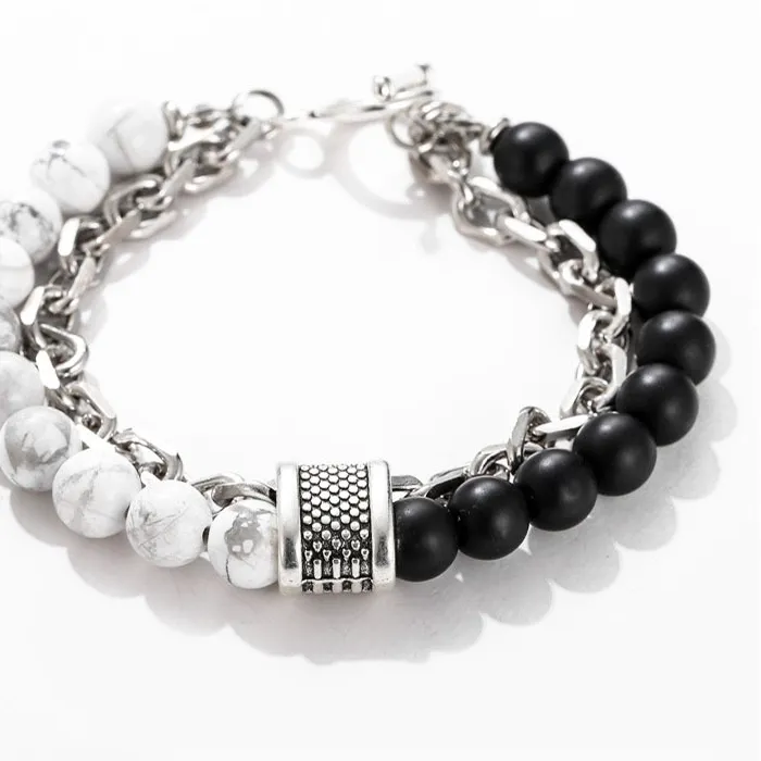 Authentic 1 Pc Double Layer White Turquoise 8mm Black Matte Glass Chain OT Clasp Bracelet Boho Style Jewelry for Men Women Bracelets