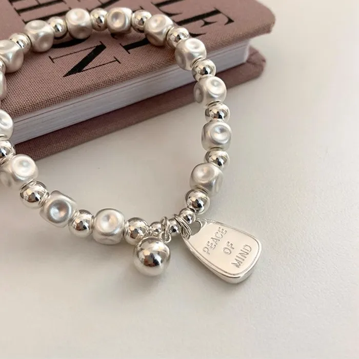 Authentic Ventfille 925 Sterling Silver Matte Finish Geometry Bracelet Letter Bead Frosting Peace Jewelry