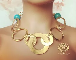 Authentic Aimee Fuller 22k Matte Gold Plated Ribbon Statement Necklace Turquoise Howlite