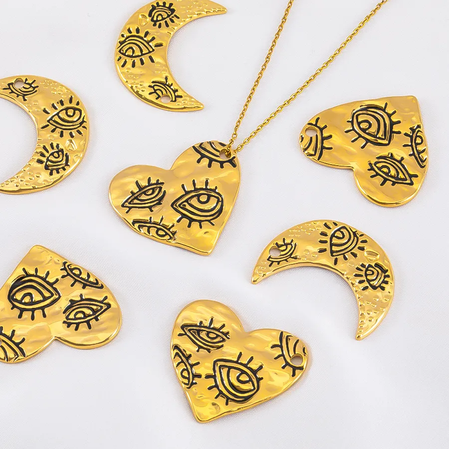 Authentic 2pcs Steels Gold Plated Moon Heart Pendant Evil Eye Engraving for DIY Necklace Earring Jewelry Findings Accessories
