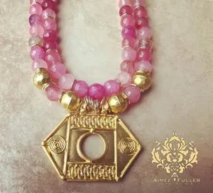 Authentic Strawberry Pink Shades Tribal Statement Necklace 22K Matte Gold Plated Pendant