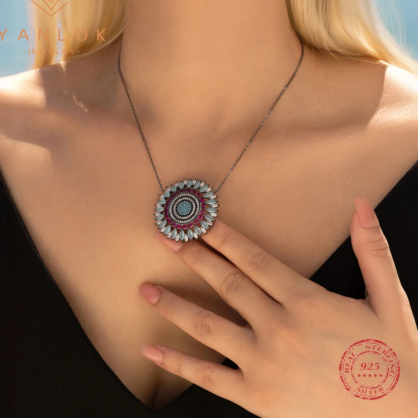 Authentic YANLOK Black Golden Link Chain Necklace 925 Sterling Silver Retro CZ Sun Pendant Necklaces For Women Fine Jewelry