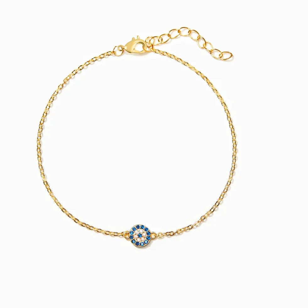 Authentic Aaa Cubic Zirconia Crystal Blue Nazar Round Turkish Evil Eye Bracelet Gold- Plated Link Chain Jewelry