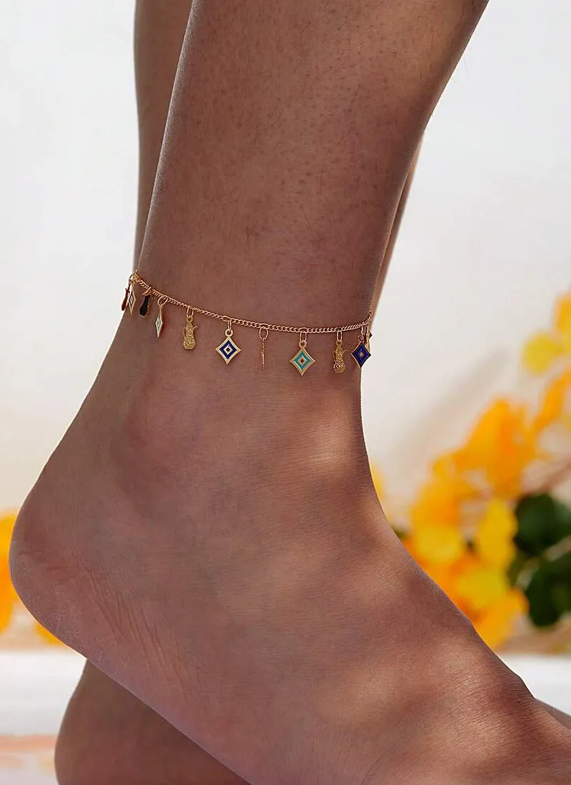 Authentic Rose Gold Tone Boho Anklet Featuring Enamel Evil Eye, Geometric & Hamsa Charms For Women, Summer Beach Holiday Foot Accessory