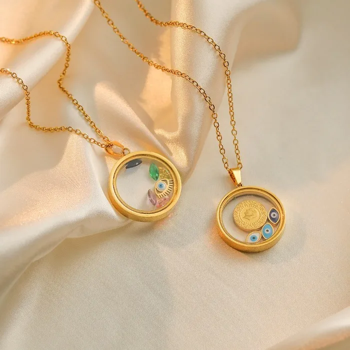 Authentic Bohemia Evil Eye Charm Locket Necklace, Gold Floating Locket Pendant, Colorful Cz Charms Jewelry For Women