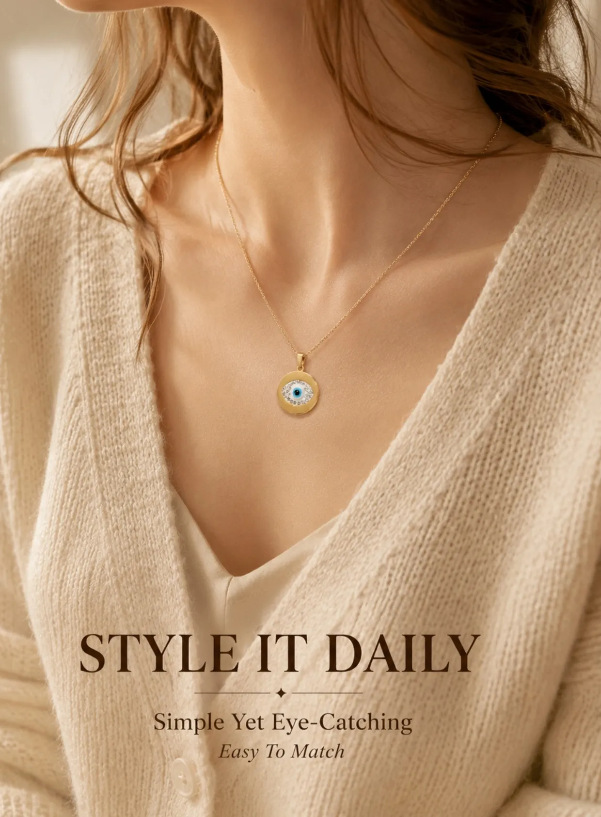 Authentic Gold Color Evil Eye Pendant Necklace Rhinestone Round Disc Adjustable Chain Jewelry