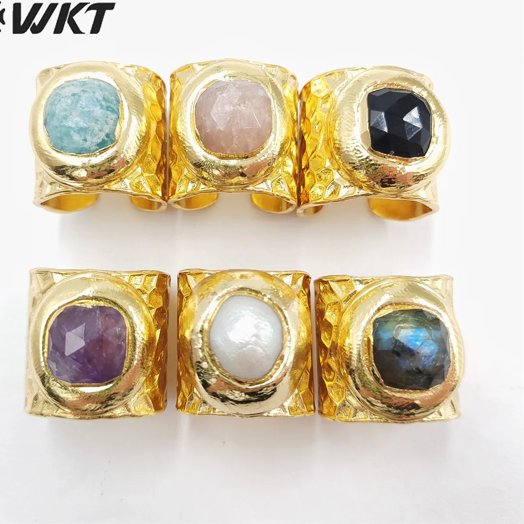 Authentic Wt- R301 Multi Color Round Shape Stone With Gold Dipped Adjustable Ring Elegant Jewelry Ring