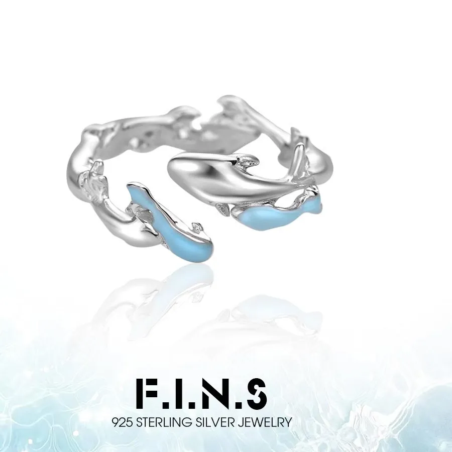 Authentic F.I.N.S Koi Fish Blue Dipped Glue S925 Sterling Silver Ring Aesthetic Lucky Fish Open Adjustable Mid Finger Fine Jewelry Gifts