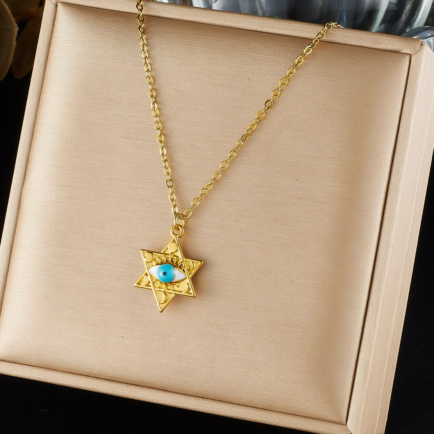Authentic LAMENGLY 316L Stainless Steel Star of Evil Eye Necklace Gold Plated Charm Jewelry Trendy Lucky Protective Gift Partyfor Women