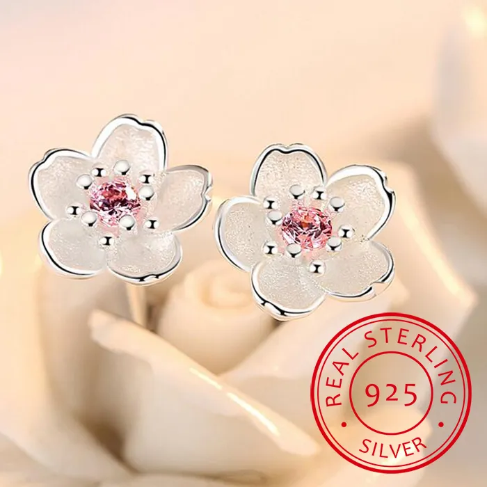 Authentic Silver 925 Jewelry Sterling Silver Earrings Cherry Blossom Inlaid Pink Zirconia Ear Studs Simple and Popular Earrings for Women