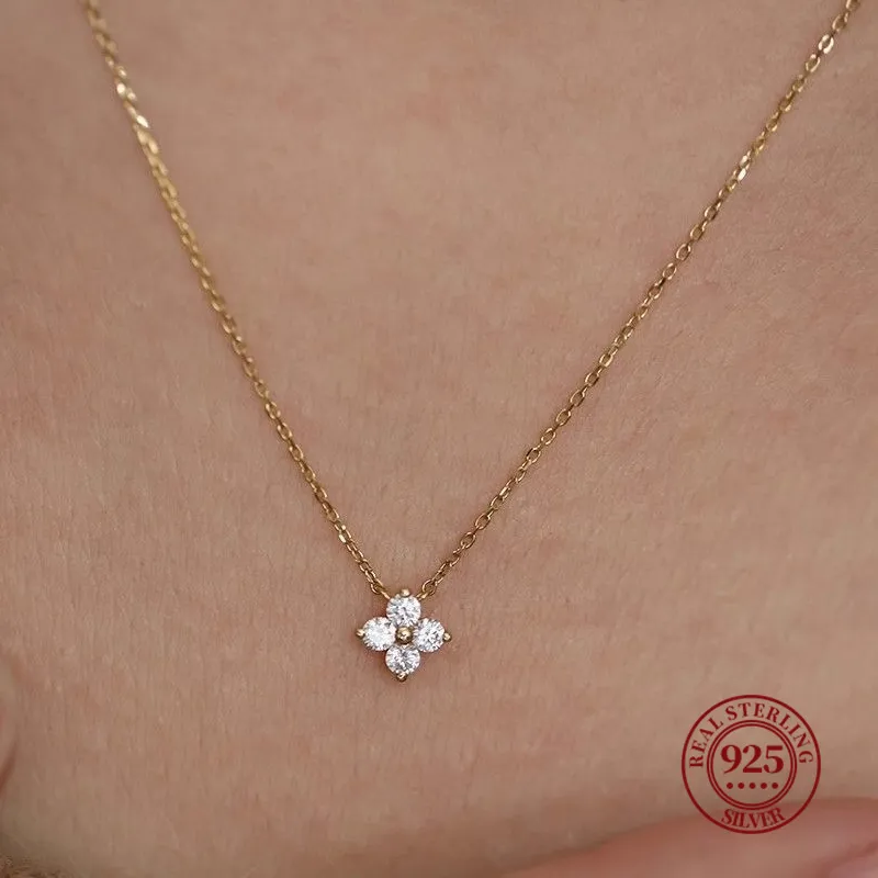 Authentic Jkeli 925 Sterling Silver Plated 14K Gold Four- Leaf Clover Small Necklace Female Clavicle Chain Birthday