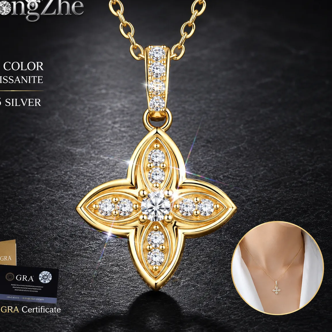 Authentic Eternal Fortune Four Leaf Clover Moissanite Talisman - 14K Gold Plated Sacred Flora Amulet