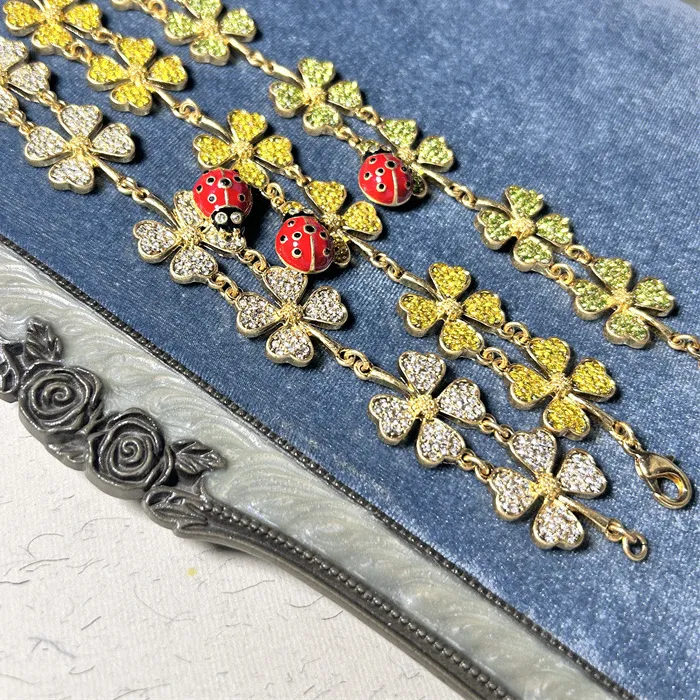 Authentic YEEVAA Gold Plated Four-Leaf Clover & Ladybug Charm Bracelet, Crystal Inlaid Lucky Clover Link Bracelet for Women Jewelry Gift