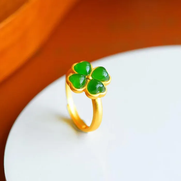 Authentic Natural Green Jade Four- Leaf Clover Ring Adjustable Rings Accessories 18K Gold Plated