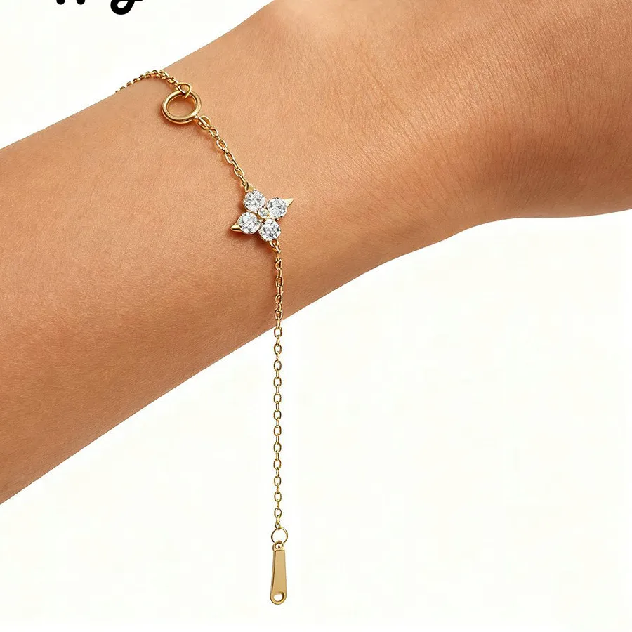 Authentic MOBUY INS Luck Shiny Four Leaf Clover 925 Sterling Silver 14k Gold Plated Bracelet For Women Engagement Exqusite Fine Jewelry