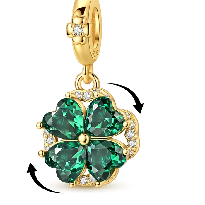 Authentic 925 Sterling Silver Charms Bead CZ Zircon Gold Spinning Four Leaf Clover  Dangle Fit Original Bracelet DIY Women Jewelry Gift