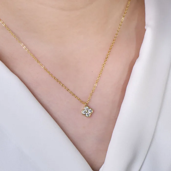 Authentic Ehhai Round Moissanite Four Leaf Clover Flower Charm Pendant Necklace Chain for Women 14K Gold Filled Fine Jewelry Wedding Gifts