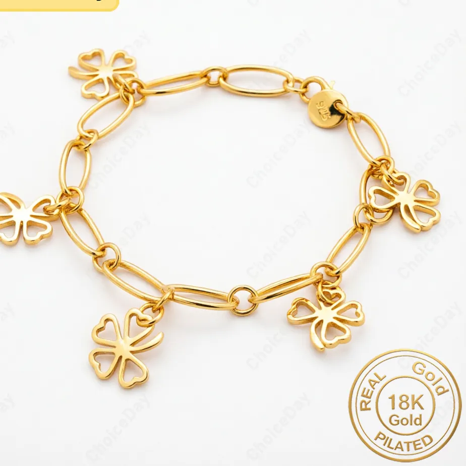 Authentic 18K Gold Plated Exquisite Hollowed-Out Four-Leaf Clover Bracelet - Fashionable Gift for Women, Wedding Party Jewelry