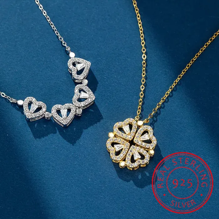 Authentic 925 Sterling Silver Magnetic Heart Shaped Four Leaf Clover Pendant Necklace Jewelry Zircon Women Love Clavicle Chain Choker Gift