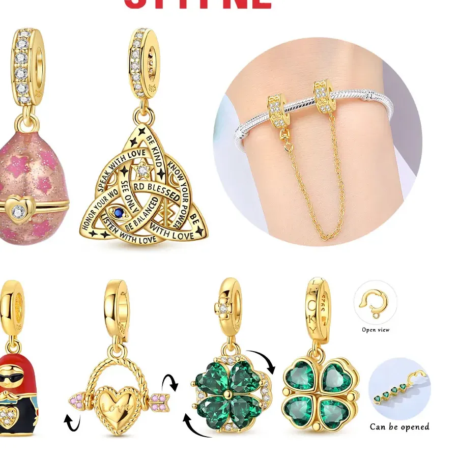 Authentic Original S925 Silver Gold Plated Openable Four-Leaf Clover Heart Egg Matryoshka Beads Fit Bracelet Women Jewelry Gift Bag Charms