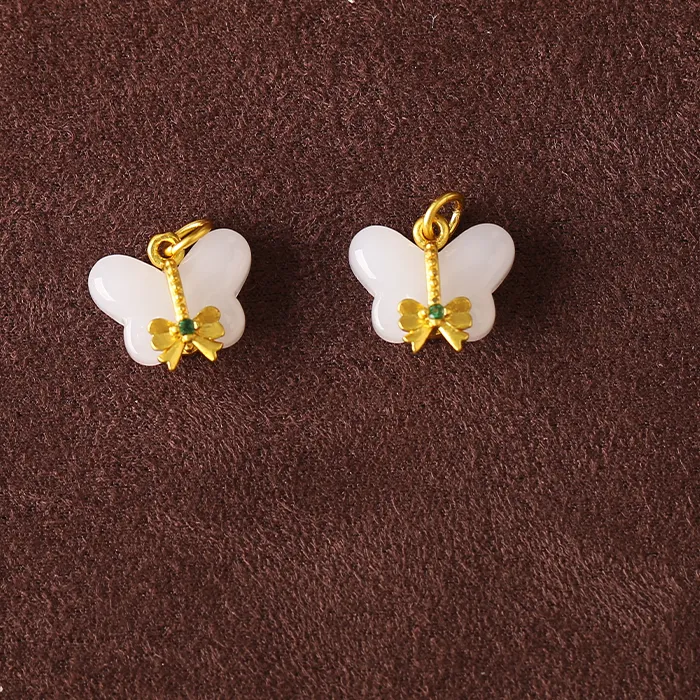 Authentic 2PCS White Jade Butterfly Jewelry Charm - Gold-Plated Dainty Pendant Charm for Chinese Style Jewelry Making