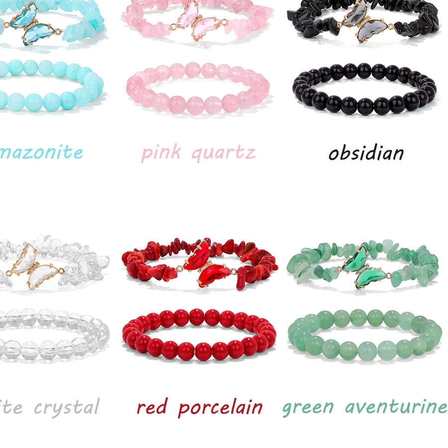 Authentic Butterfly Crystal Bracelet 2Pcs Quartzs Obsidian Gem Stone Bead Stretch Elastic Bangle Reiki Jewelry For Women Girl