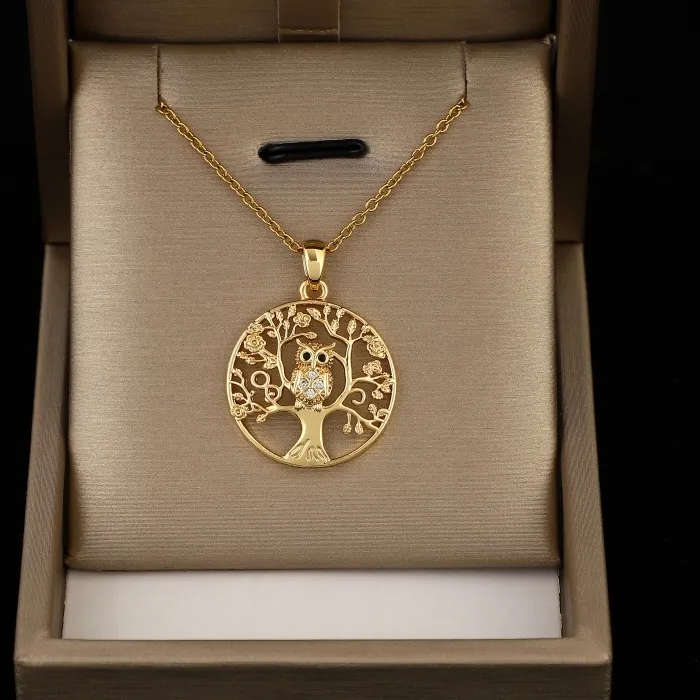 Authentic Female Cute Owl Pendant White Zircon Life Tree Necklaces For Women Vintage Gold Color Chain Animal Jewelry Mother's Day Gifts