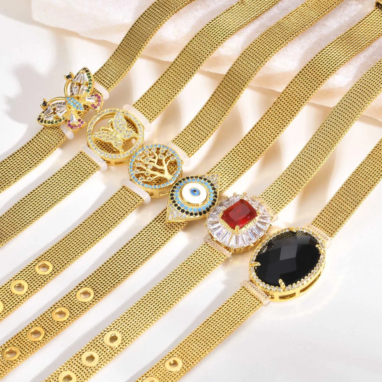 Authentic Women's Trendy Bands Cuff Wristband Bracelets, Gold Color Stainless Steel Tree of Life Butterfly Eyes CZ Stone Charms Bracelet
