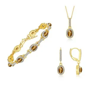 Authentic RYLOS Gold-Plated Silver Halo Jewelry Set: Gemstone & Diamonds All 3 Pieces