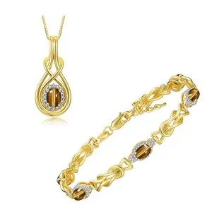 Authentic RYLOS Gold-Plated Silver Love Knot Jewelry Set: Gemstone & Diamonds All 3 Pieces