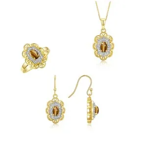 Authentic Rylos Yellow Gold Plated Silver Tiger Eye & Diamond Halo Matching Set Sz 5-10