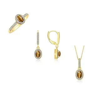 Authentic Rylos Yellow Gold Plated Silver Tiger Eye & Diamond Matching Set Sz 5-10