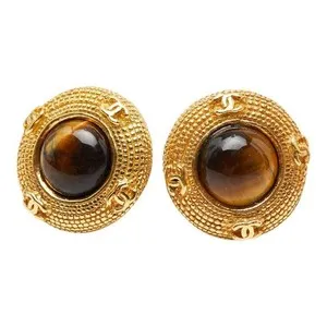 Authentic Chanel Coco Mark Earrings Gold Plated Tiger Eye Ladies Used