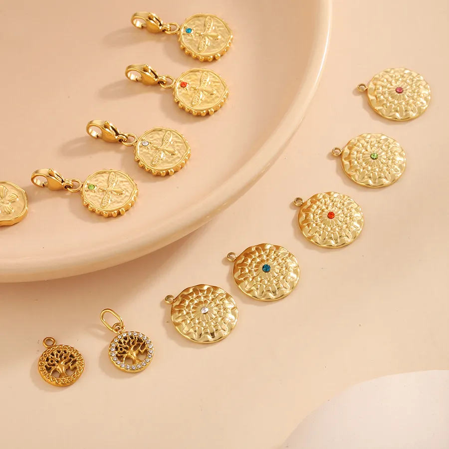 Authentic Classic Stainless Steel Gold Plated Round Charms Tree Of Life Colorful CZ Pendants With Clasp For Diy Necklace Jewelry