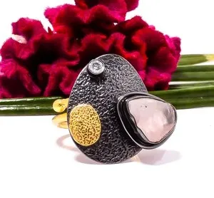 Authentic Pink Rose Quartz - Brazil Black And Gold Plated 925 Sterling Silver Ring s.7 S82