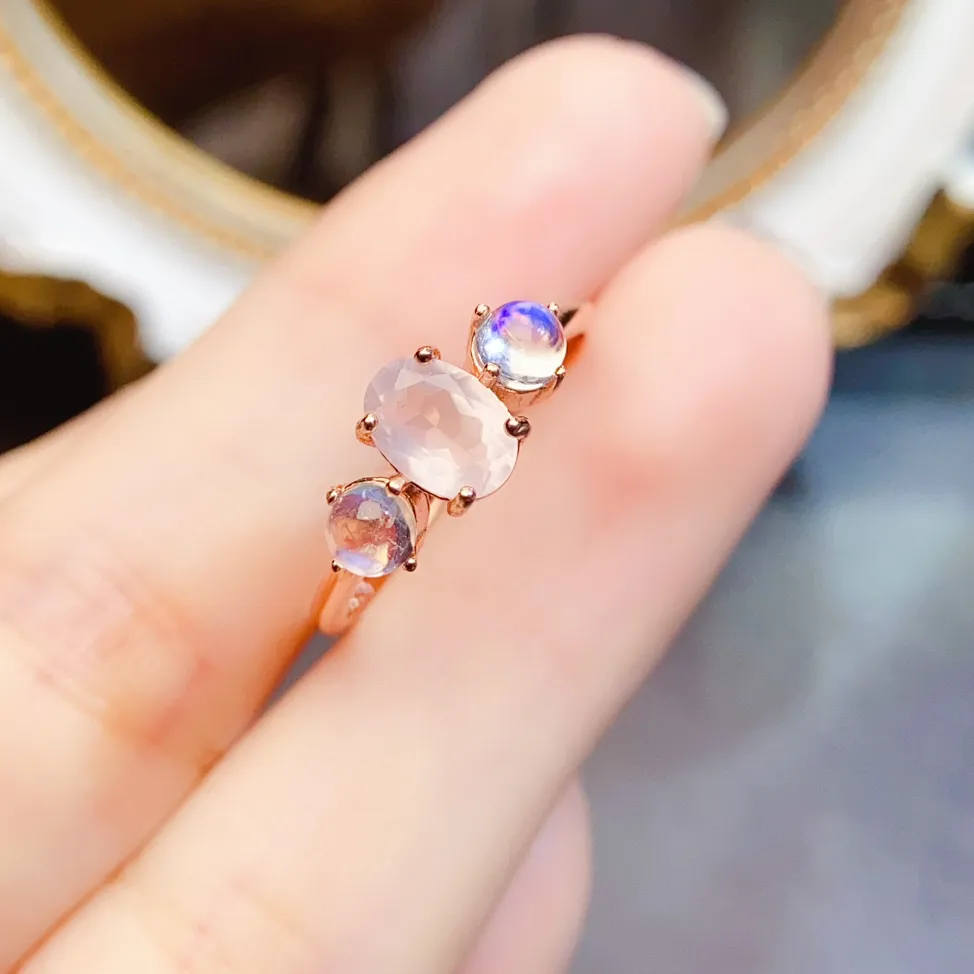 Authentic FS 5*7mm Natural Rose quartz Moonstone Ring S925 Sterling Silver Fine Charm Weddings Jewelry for Women MeiBaPJ With Certificate