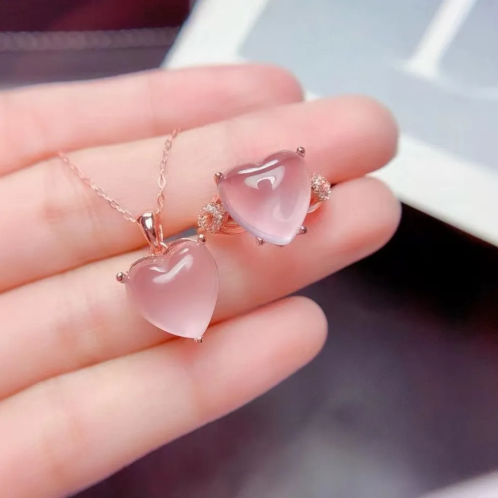 Authentic Heart of Dawn: Rose Quartz & Sterling Silver Love Pendant & Ring