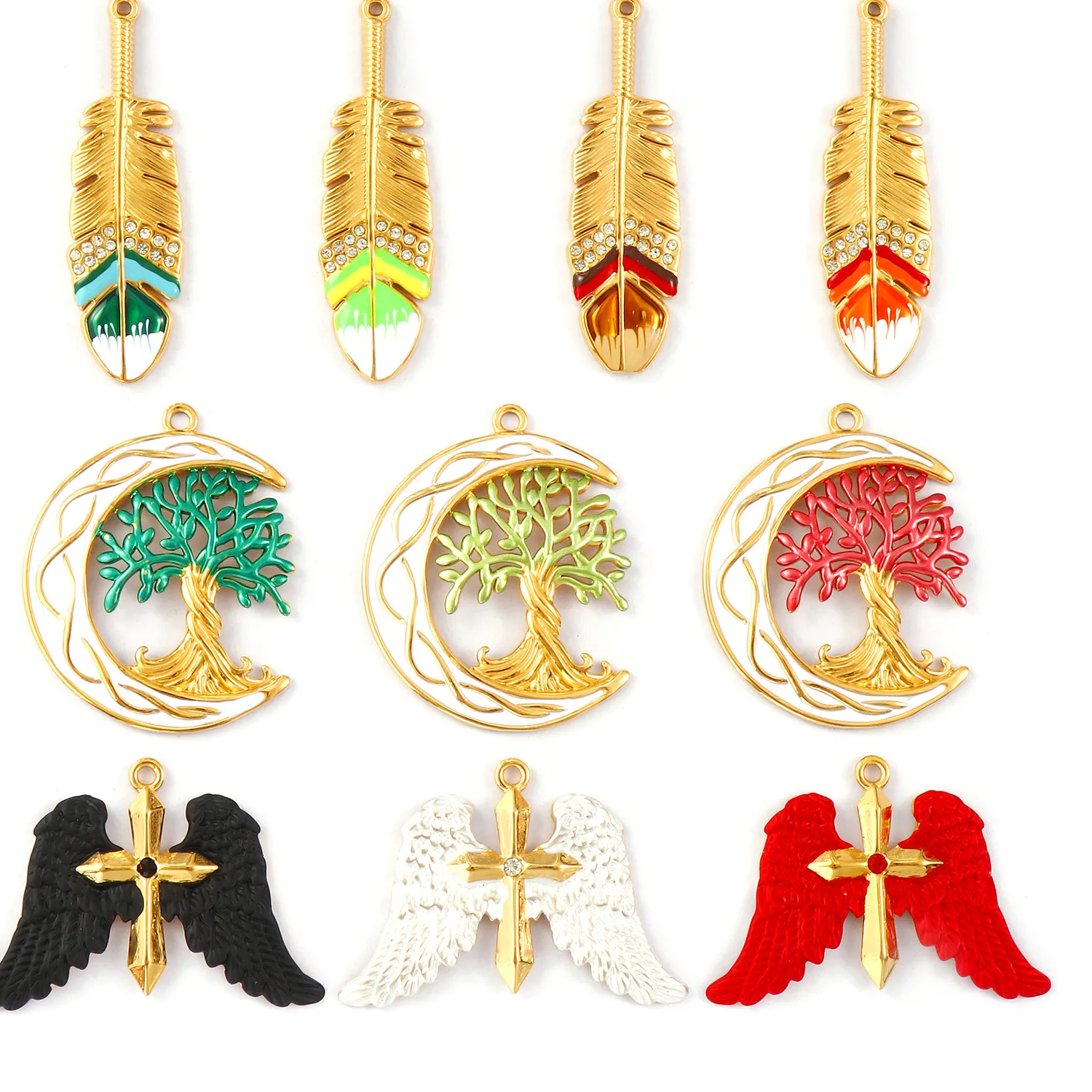 Authentic Eternal Bloom: 18K Gold‑Plated Enamel Tree of Life & Moon‑Feather Winged Cross Pendant